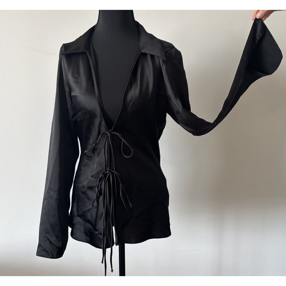 Zara Womens M‎ Black Tie Front Long Sleeve Blouse Top Whimsigoth Minimalist Boho